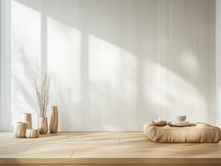 Sunlight filters through large windows illuminating a minimalist room decorated with wooden vases soft textiles and simple dinnerware creating a tranquil atmosphere.の素材