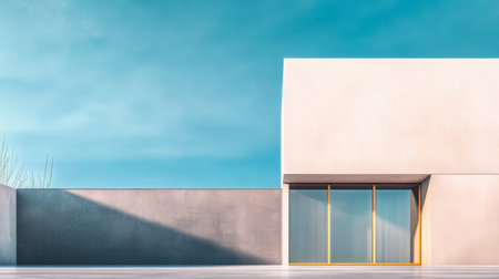 A contemporary building showcases a sleek minimalistic exterior with a large glass door. The structure is set against a beautiful blue sky creating a tranquil atmosphere.の素材