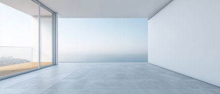 A spacious empty room features large glass windows showcasing a clear ocean view. The minimalist design and soft morning light create a serene atmosphere perfect for relaxation or contemplation.の素材