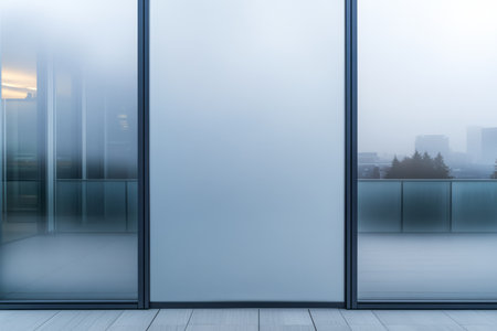 Early morning light filters through misty glass panels creating a serene atmosphere. The city skyline is faintly visible in the background enhancing the tranquil setting of the moment.の素材