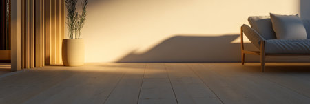 A spacious interior space features a clean wooden floor and a cozy sofa with cushions. Soft light streams through large curtains creating a relaxing atmosphere enhanced by a potted plant.の素材