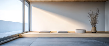 Soft natural light fills a minimalist space featuring smooth stone seating and a decorative vase. The clean lines and neutral colors create a serene atmosphere promoting relaxation.の素材