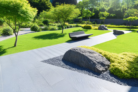 A serene garden landscape showcases lush greenery decorative stones and a sleek bench under the warm sunlight. The well-manicured area invites relaxation and enjoyment of nature.の素材