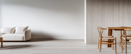 A cozy living area showcases a minimalist aesthetic with a light-colored sofa and a wooden dining table surrounded by simple chairs. Natural light enhances the serene atmosphere.の素材