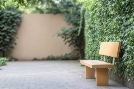 A simple wooden bench is positioned along a tranquil pathway bordered by vibrant green foliage creating a peaceful atmosphere for relaxation. Soft sunlight filters through the leaves.の素材