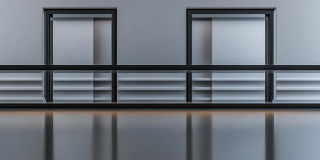 Two contemporary elevators are featured in a stylish minimalist hallway. The walls are grey and the floor reflects the sleek architecture. Ambient lighting enhances the modern feel.の素材