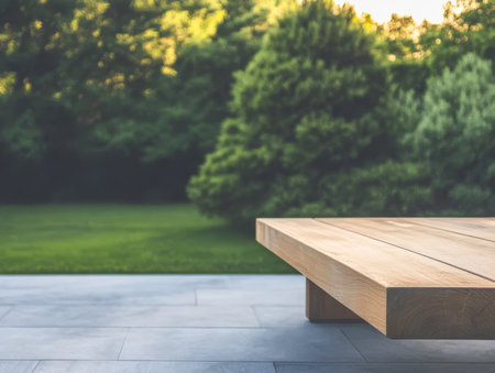 A wooden table rests on a modern patio providing a serene view of a vibrant green garden. Trees surround the area creating a peaceful and inviting atmosphere during the afternoon.の素材