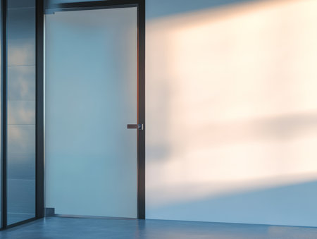 A modern door stands open in a minimalist interior allowing soft light to stream in and cast gentle shadows on the wall. The clean lines highlight the serene atmosphere.の素材