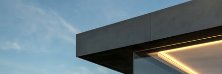 This structure showcases contemporary architecture with a minimalist rooftop and large glass panels reflecting the evening sky.の素材