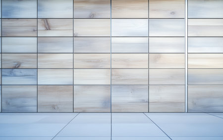 Light-colored wooden panels are arranged in a grid pattern against a tiled floor creating an elegant and contemporary interior space. The setting is calm and visually appealing.の素材