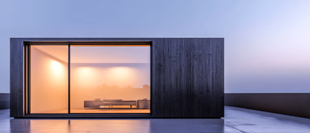 A contemporary house stands alone with large glass windows revealing a warm inviting interior. The structure features sleek lines and a minimalist design illuminated softly by evening light.の素材