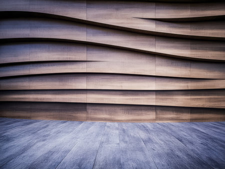 This setting features a contemporary wooden wall with a flowing wave pattern showcasing a stylish and minimalist aesthetic. The floor complements the design enhancing the modern ambiance.の素材