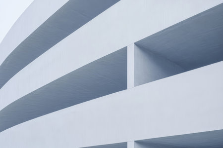 A contemporary structure features smooth curved lines and open spaces showcasing a minimalist architectural style. Soft daylight highlights the clean design elements and angles.の素材