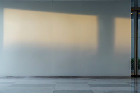 A spacious and minimalistic interior showcases a smooth wall bathed in gentle sunlight. The light creates soft shadows on the marble floor enhancing the serene atmosphere during late afternoon.の素材
