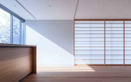 A bright and airy interior features a wooden reception desk and a sleek wall with shoji-inspired panels. Sunlight streams through large windows highlighting the clean lines and materials.の素材