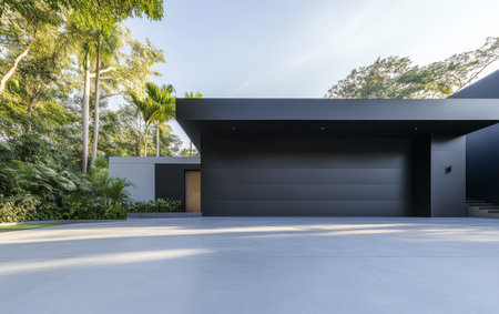 A sleek minimalist house is surrounded by lush greenery showcasing a seamless design that connects indoor and outdoor living. The soft morning light highlights its contemporary features.の素材