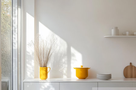 A modern kitchen corner showcases a vibrant yellow vase filled with dry grass a matching yellow pot and minimalist tableware. Sunlight streams through the window creating warm shadows.の素材