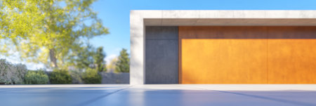 A sleek building features a blend of concrete and warm wooden elements showcasing modern architectural design. Clear blue skies and lush greenery enhance the tranquil environment.の素材
