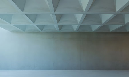 A spacious interior featuring a unique geometric ceiling with triangular patterns.の素材