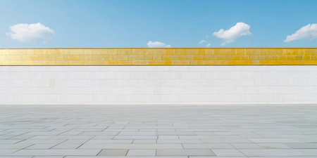 The outdoor area features a bright expanse of white and gold walls under a clear blue sky creating a calm and inviting atmosphere for relaxation or contemplation.の素材