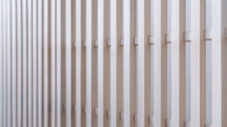 The image shows a close-up of a wooden slat wall characterized by its vertical lines and a smooth light finish. Ideal for modern interiors and architectural spaces it enhances a minimalist style.の素材