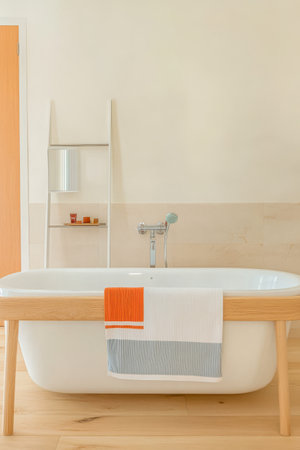 A spacious bathroom showcases a contemporary freestanding tub adorned with a striped towel. Light wooden flooring and neutral walls enhance the minimalist aesthetic.の素材
