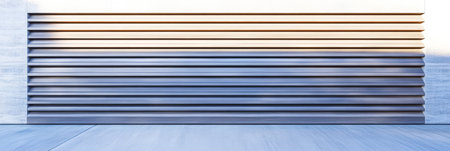 A sleek louvered wall made of horizontal slats showcases modern architecture. Soft shadows enhance the minimalist aesthetic with concrete flooring complementing the design.の素材