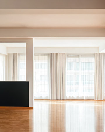 A bright and airy living space features large windows with sheer curtains. Polished wooden floors reflect the natural light creating a welcoming atmosphere suitable for relaxation or gatherings.の素材