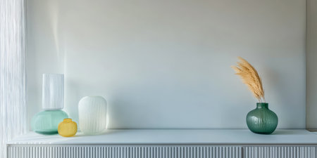 Two glass vases and a ceramic vase are elegantly placed on a white shelf against a soft-toned wall. One vase holds dry grass enhancing the minimalist decor.の素材