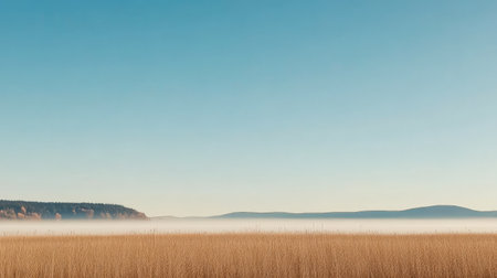 A serene wetland landscape features tall grasses rising from calm waters under a clear bright sky. The early morning mist adds a dreamy quality to the distant hills.の素材