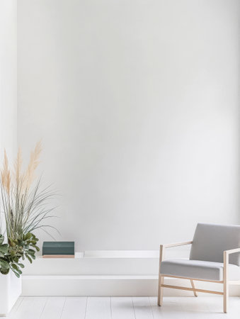 A cozy corner showcases a light chair beside lush green plants. The minimalist design highlights soft colors and simple lines creating a serene atmosphere in a sunlit room.の素材