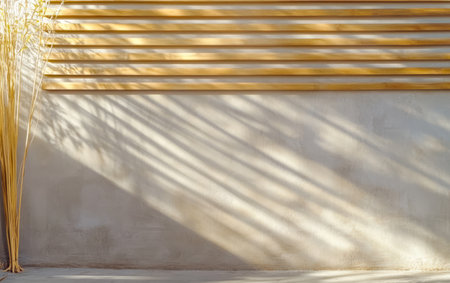 Natural sunlight casts elongated golden shadows across a smooth wall highlighting subtle textures. The tranquil scene features bamboo stalks alongside wooden slats in a relaxed outdoor environment.の素材