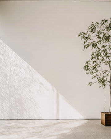 A minimalist indoor area showcases a tall plant in a wooden pot beside a white wall. Natural light creates interesting shadows on the wall enhancing the serene atmosphere.の素材