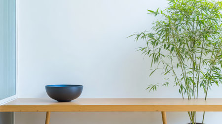A wooden table features a simple black bowl and a thriving bamboo plant near a white wall. The modern design creates a calm and inviting atmosphere in the room.の素材