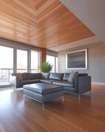 Spacious living room featuring a stylish gray sectional sofa and a sleek coffee table. Large windows provide abundant natural light and a view of the outdoors.の素材