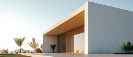 This contemporary building features clean lines and large glass panels set against a serene landscape. It showcases minimalistic design elements surrounded by lush greenery during golden hour.の素材