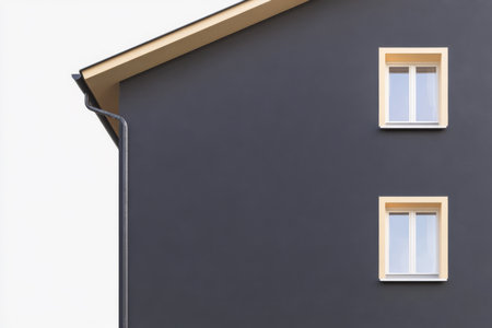 Dark gray building showcases contemporary architecture with two large windows and an angled roof. The clean lines and minimalist design highlight modern urban aesthetics during daylight.の素材