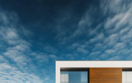 A contemporary structure features clean lines and wooden accents set against a deep blue sky filled with textured clouds. The mix of materials enhances the buildings elegance.の素材
