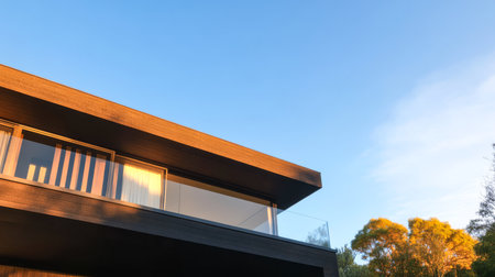 A contemporary house features sleek lines and large windows set against a vibrant blue sky. The golden light at sunset casts warm tones on the structure and the nearby trees.の素材