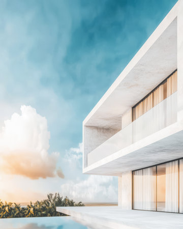 Bright and spacious luxury villa features large windows with a stunning view of the ocean. The design embraces modern architecture with clean lines and a vibrant sunset sky in the background.の素材