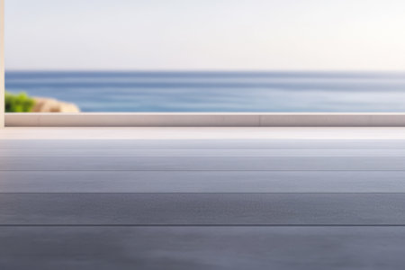 The balcony features a smooth wood floor with unobstructed views of the tranquil ocean. Early morning light creates a peaceful ambiance inviting relaxation and contemplation.の素材
