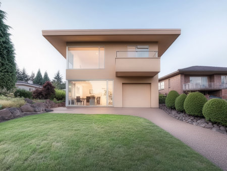 This elegant home features a unique modern design with expansive glass windows illuminating the interior.の素材