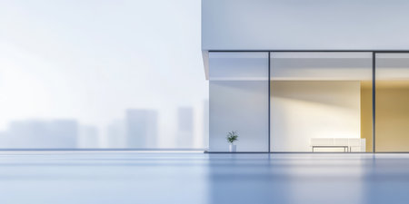 A spacious interior welcomes natural light through large glass windows showcasing a simple yet elegant decor with a small plant. The serene outdoor view includes soft city silhouettes.の素材
