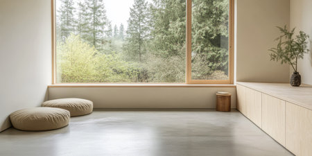 A minimalist interior featuring two plush cushions on a concrete floor. A large window offers a serene view of a lush forest creating an inviting atmosphere perfect for relaxation.の素材