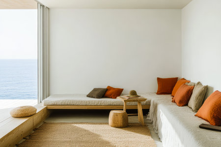 A tranquil living space with soft textiles and earthy tones overlooks the calm sea. Large windows allow plenty of light enhancing the cozy atmosphere. Perfect for relaxation.の素材