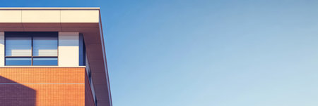 A contemporary building features a striking brick facade and a sleek edge design. The vibrant blue sky serves as a backdrop highlighting the structures clean lines and modern style.の素材