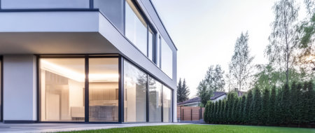 A contemporary house showcases sleek lines and expansive windows offering a bright interior. Surrounding greenery enhances the peaceful atmosphere creating a relaxing environment.の素材
