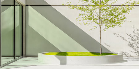Sunlight casts sharp shadows on a sleek courtyard showcasing a solitary tree surrounded by a minimalist circular planter. The scene emphasizes modern design and natural beauty.の素材