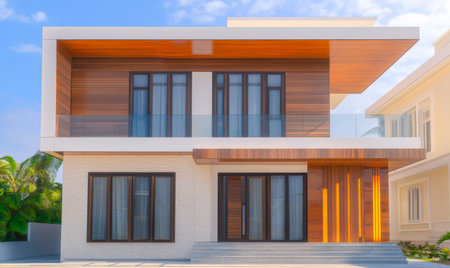 A contemporary house showcases clean lines and a mix of wood and concrete materials. Located in a bright neighborhood large windows enhance natural lighting and connect with the outdoors.の素材