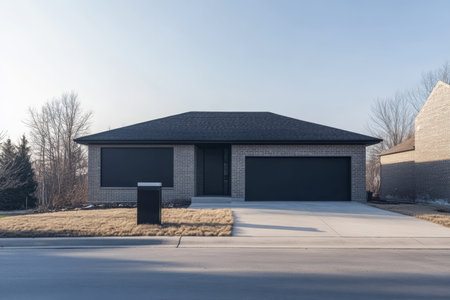 A contemporary single-story house featuring a black exterior and minimalist design. Located in a quiet suburban area it is surrounded by trees and other residential buildings.の素材